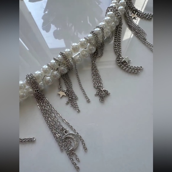 Anthropologie Star Tassel Multilayer Silver Pearl Necklace Tik tok Famous - Picture 8 of 8